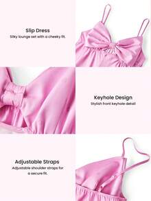 LUVLETTE Sexy Silky Satin Luxurious Bow Pink U-Neck Strappy Camisole Loungewear Slip Dress Airy Nightdress Lingerie Valentine's Day Gifts - Pink - View 3