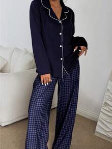 Dream Adore Conjunto de pijama a cuadros con cuello y decoración de botones para mujer de Doze Lane - Azul Marino - Ver 5