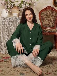 Elegant French Romantic Lace Patchwork Women Pajama Set - Dark Green - View 3