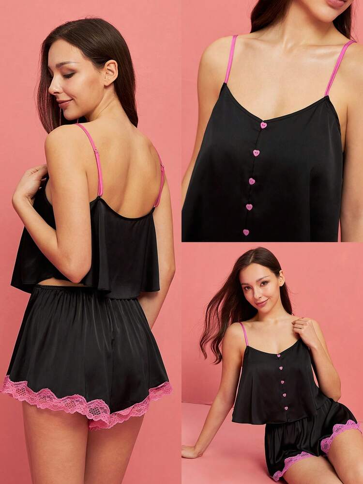 Conjunto de Pijama Lingerie Presente do Dia dos Namorados Mulheres Verão Sexy Cetim Seda Renda Luxuosa Decote em V Preto Regata e Shorts Leves