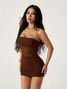 SHEIN PETITE Đầm ống ngắn ôm sát, phối lưới, màu trơn dành cho nữ, kiểu nhún bèo. - màu nâu - Xem 5