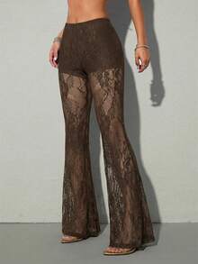 SHEIN ICON Quần ống loe cạp thấp ren dành cho nữ, phong cách Y2K gợi cảm, thanh lịch và thời trang. - màu nâu - Xem 3