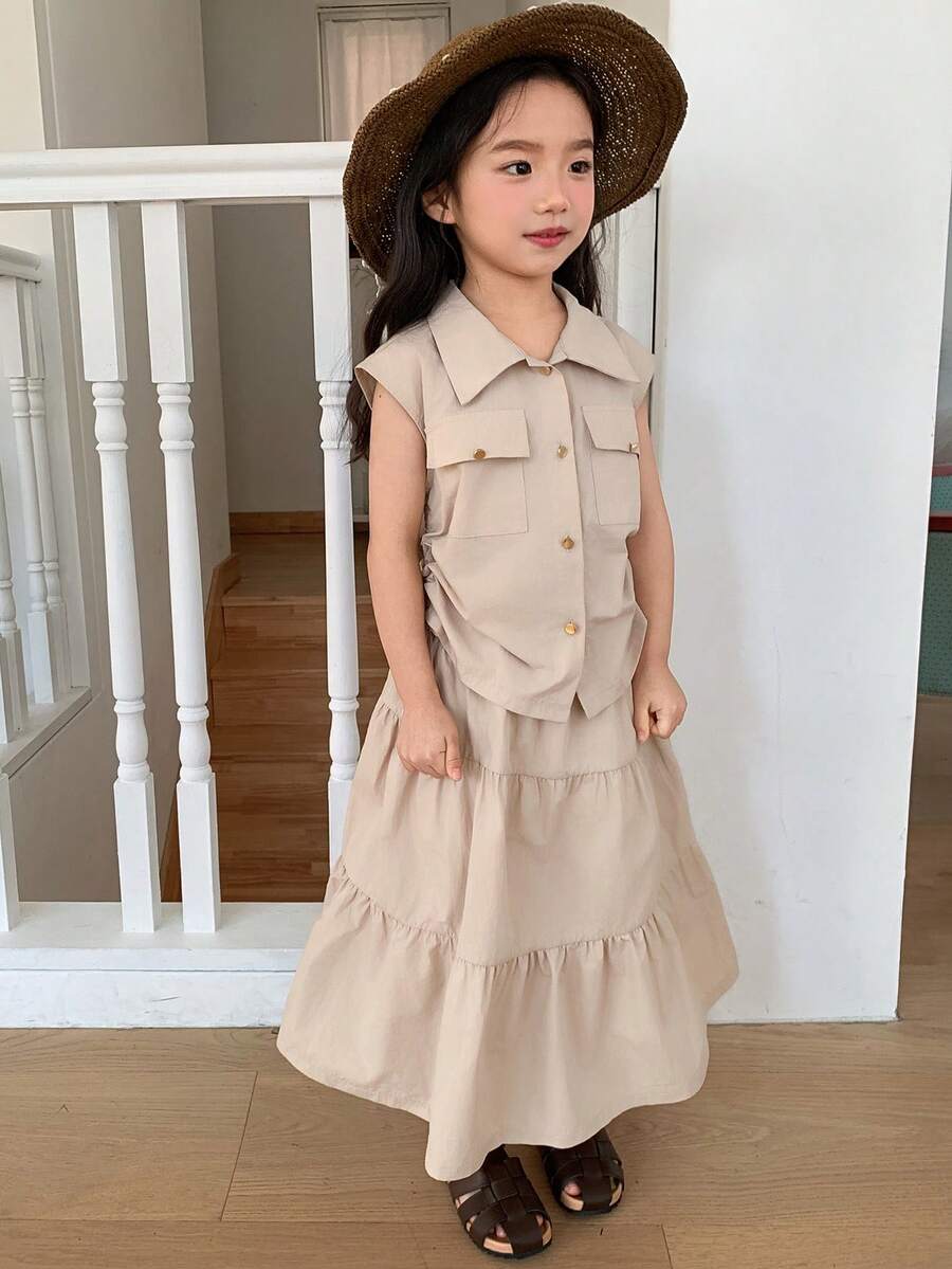 DAZY 2pcs Young Girls Solid Color Pleated Collar Sleeveless Shirt And Skirt Set - Khaki - View 1