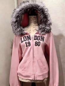 Glimmora Women's Regular Rhinestone Letter Embroidered Long Sleeve Hooded Zip-Up Sweatshirt - Dusty Pink - View 4