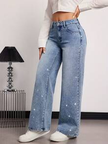 SHEIN Tall Summer And Spring Women's Casual Loose Fit Straight Leg Jeans Sparkling Rhinestone Design Fashion Party Valentine's Day Comfortable Blue Washed Straight-Leg Jeans - Medium Wash - View 4