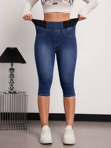 SHEIN Tall 夏季女士休闲外出日常通勤简约百搭高腰弹力腰七分紧身牛仔裤 - 深色水洗藍 - 查看 4