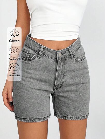 EURMUSE Women's Mid-Waist Pocketed Casual Versatile Denim Shorts