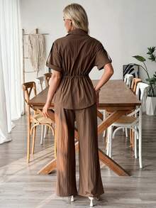 EMERY ROSE 女士抽绳短袖衬衫和休闲修身裤两件套 - 咖啡棕 - 查看 2