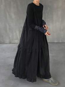 FRIFUL 女士纯色100%棉吊带褶皱荷叶边宽松休闲连衣裙长裙 - 黑色 - 查看 3