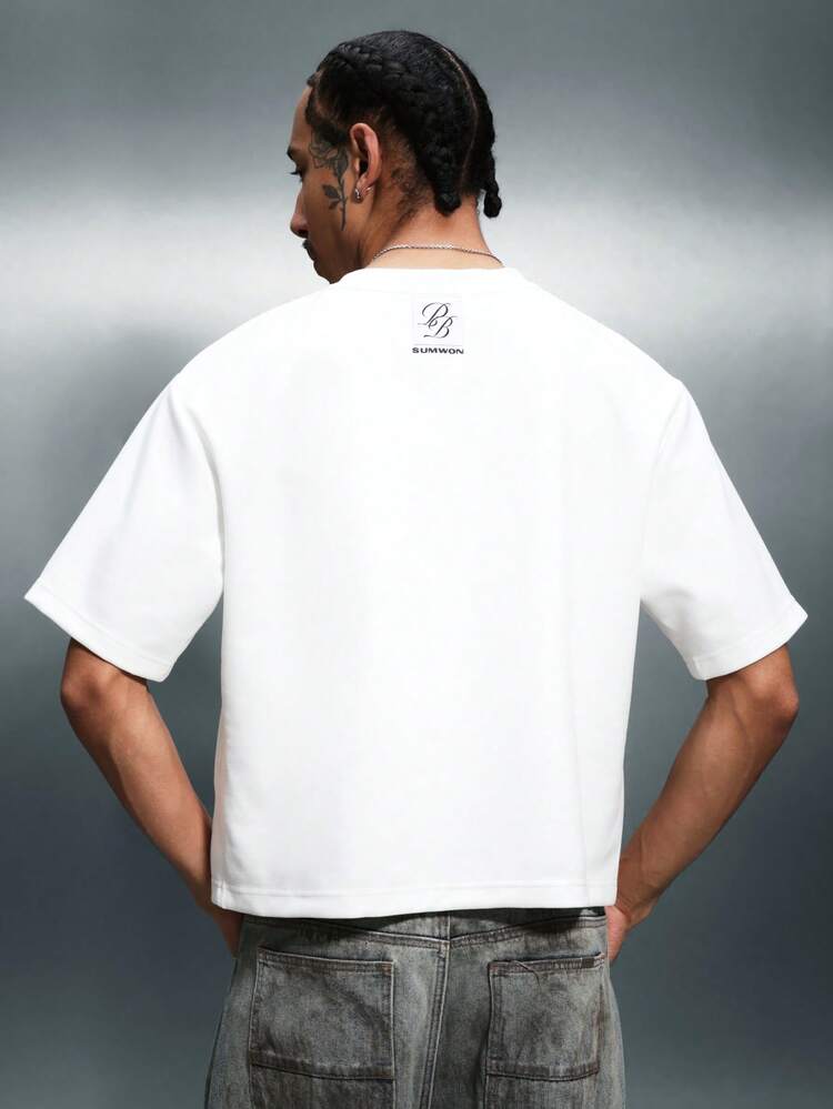 PLAYBOY X SUMWON Men's Cropped Fit Crew Neck Short Sleeve T-Shirt With Small Black Logo Chest Print Casual Summer Top
