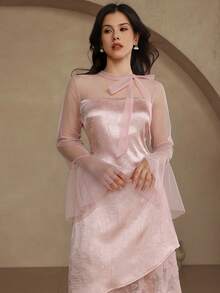 DAZY 春夏蕾丝网纱拼接长袖中长连衣裙，优雅修身，适合情人节、婚礼、派对、宴会等场合。 - 粉色 - 查看 1