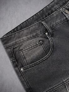 Manfinity Denimwave Men's Vintage Washed Gray Big Pocket Denim Shorts, Loose Fit Wide Leg Street Style, Summer - Grey - View 3