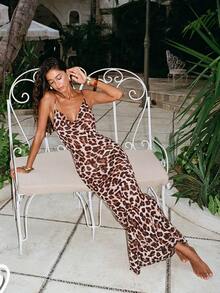 Opulessa 女士豹纹露背连衣裙，度假/夏季款 - 卡其色 - 查看 5