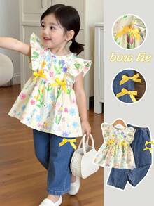 SHEIN Vintaside Kids 2026春夏新款，甜美黄色碎花印花荷叶袖圆领套装上衣，适合年轻女孩，可爱风格，幼儿女童碎花印花荷叶边上衣，幼儿女童纯棉服装，可爱复古风格女童套装，女童衬衫套装，儿童女童服装，黄色涤纶可爱无袖荷叶边圆领常规款上衣，植物图案，适合年轻女孩，年轻女孩黄色涤纶可爱荷叶边圆领常规款上衣，植物图案。优雅派对礼服。 - 黃色 - 查看 4