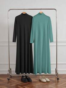 Al Najma Women's Conservative Turtleneck Knit Long Sleeve Undershirt & Abaya Dress Set,Modest Casual Arabian Essential Basic Under Abaya Inner Long Dress - Blue - View 2
