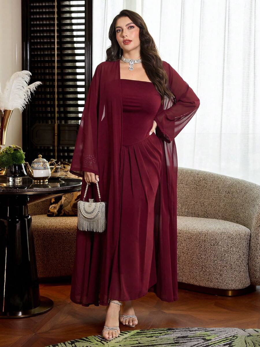 Modelyn Vestido maxi ajustado de unicolor con cintura fruncida + Cárdigan suelto de manga larga de gasa de unicolor, talla grande, primavera/otoño