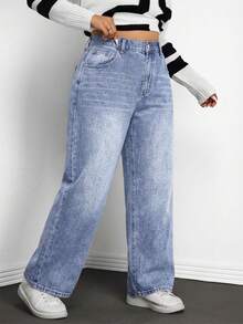 SHEIN ICON Jeans de mezclilla vintage lavados para mujer de talla grande, otoño/invierno - Azul - Ver 4