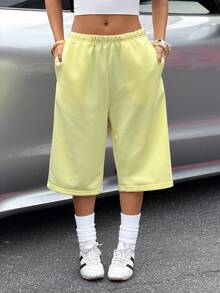 Muchica Women's Casual Yellow Capri Pants With Pockets - Yellow - View 4