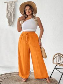 SHEIN CURVE+ 大码女装夏季休闲沙滩装，时尚商务通勤优雅阔腿裤，带口袋，莲花粉，夏季长裤，夏季/乡村/沙滩度假装/沙滩装/沙滩服饰 - 橘色 - 查看 3