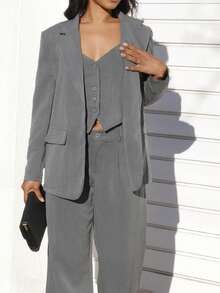 Yess Loren 2 件套女士纯色前扣长袖口袋翻领上衣和裤子休闲套装秋冬