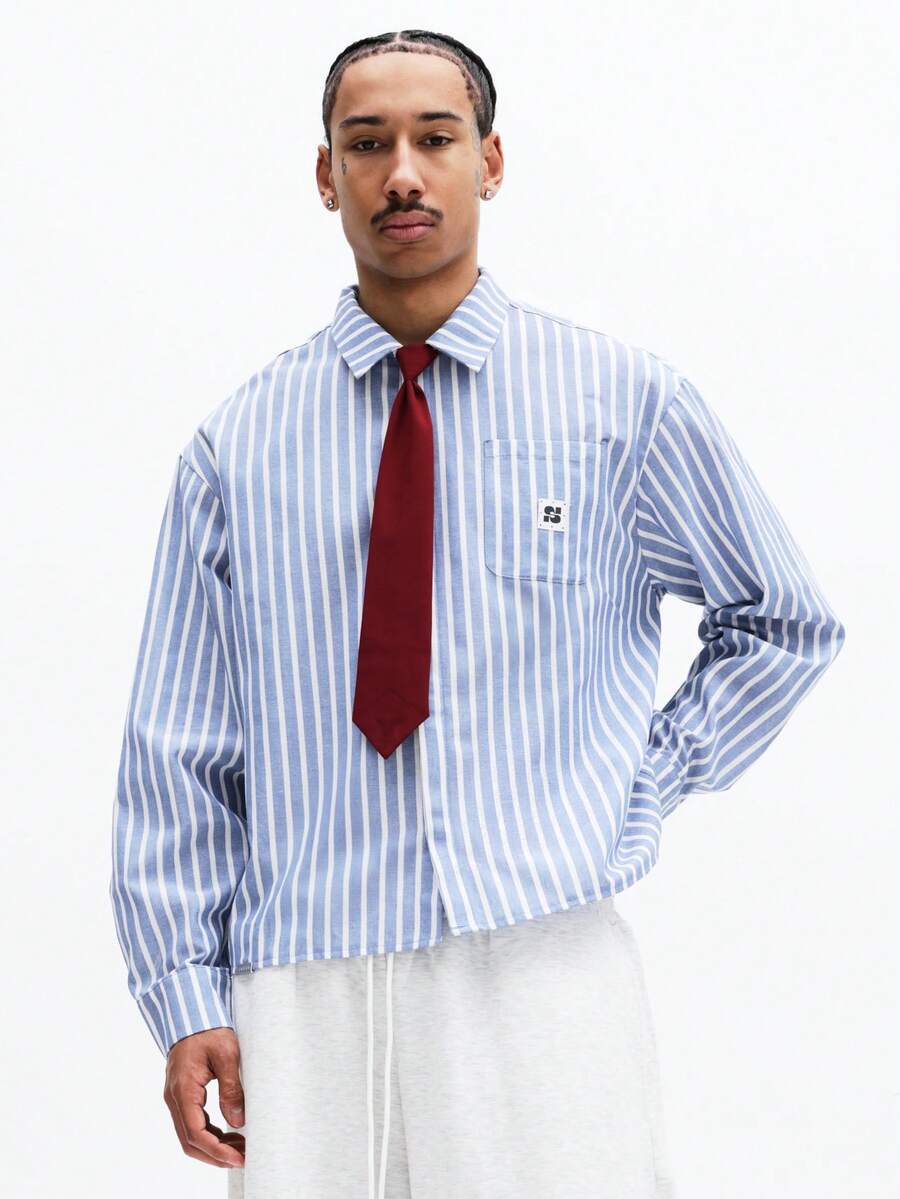 SUMWON 修身长袖条纹衬衫，配可拆卸领带，适合商务休闲办公场合穿着。 - 藍色 - 查看 1