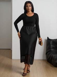 SHEIN PETITE CURVE Chân váy midi cạp trễ phối ren satin trơn cỡ lớn - màu đen - Xem 4