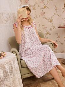 SHEIN Women's Romantic Floral Frill Trim Wide Crew Neck Backless Loose Long Nightgown - Multicolor - View 7