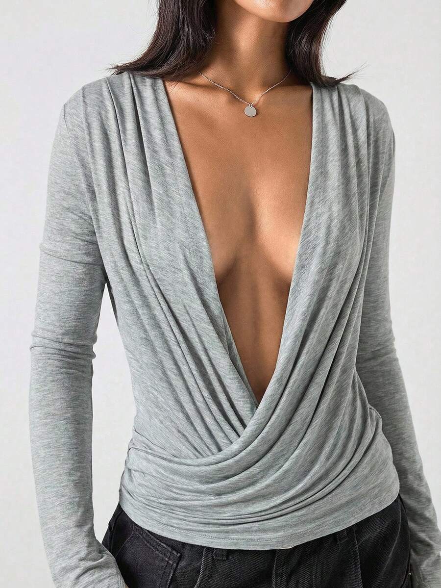 LYSMO 女士纯色深V领性感长袖上衣 - 淺灰色 - 查看 1