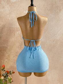 Soleia Vestido mini de escote cuadrado, ajustado y con lentejuelas con forma de estrella de mar, estilo vacacional, sexy y encantador, adecuado para primavera/verano - Celeste - Ver 2