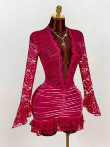 Amplova 圣诞风深V收腰修身迷你连衣裙 - 玫紅色 - 查看 5