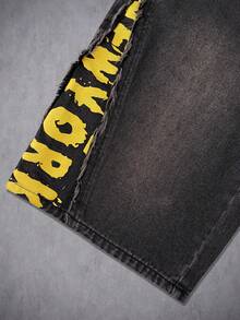 Manfinity Denimwave Men's Hip Hop Street Fashion American Print Frayed Hem Washed Black Denim Bermuda Shorts - Black - View 4