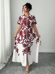 Elenzga Damen Große Größen elegantes Retro-Muster Taillengürtel Puffärmel Hemdkleid, Frühlings-/Sommer-Resort-Kleid - Bordeaux - Übersicht 7