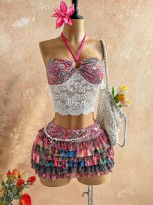 Soleia 女士彩色佩斯利复古印花拼接蕾丝无肩带系带露背吊带背心，休闲、约会、情人节、下午茶、海滩、邮轮、城市度假、音乐节、派对、波西米亚风、嬉皮风、西部风、百搭、日常通勤、仙女风、派对、复古上衣、复古、音乐节、休闲度假吊带背心、波西米亚风度假上衣 - 彩色 - 查看 8