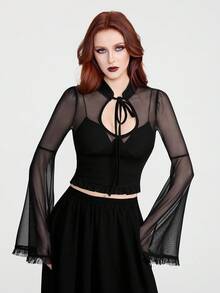 Breakform 女士哥特式性感透视网纱拼接针织面料荷叶边前襟钥匙孔系带喇叭袖修身短款上衣 - 黑色 - 查看 5
