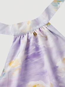SHEIN MOD 紫色油画花卉印花缎面立领蝴蝶结上衣，完美适用于度假、约会、野餐、派对、舞会、节日和生日；浪漫复古宫廷风格，情人节、狂欢节服装，夏季、春季女装，狂欢节服装 - 紫色 - 查看 11