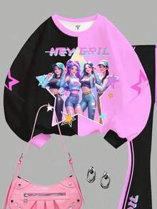 SHEIN Back To School, Cartoon Girl, Colorful Purple & Black Contrast Color, K-Pop Young Girl Casual Loose Fit Round Neck Long Sleeve Sweatshirt And Flare Pants 2 Pieces Set, Suitable For Autumn/Winter, Casual Campus Sports Style, Outdoor Picnic, Street Photography, Home - Multicolor - View 3