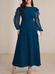 Modelyn Long Round Neck Ruffle Sleeve Black Dress - Blue - View 5