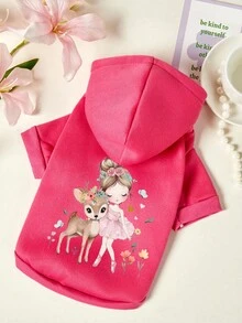 PETSIN 1件可爱的小鹿和小女孩印花宠物连帽衫，适合秋冬季节，加厚玫瑰红保暖宠物服装 - 玫紅色 - 查看 1