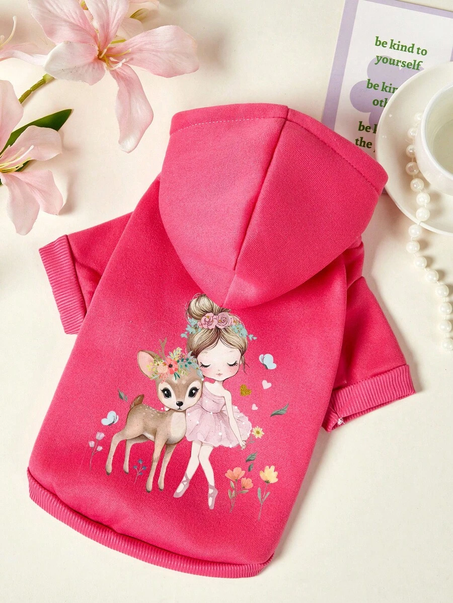 PETSIN 1件可爱的小鹿和小女孩印花宠物连帽衫，适合秋冬季节，加厚玫瑰红保暖宠物服装 - 玫紅色 - 查看 1