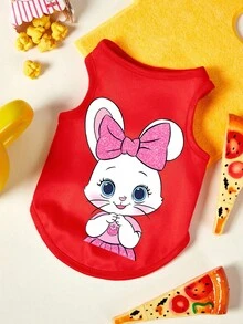 PETSIN 一件红色透气亲肤宠物背心，饰有蝴蝶结和淡粉色兔子图案 - 紅色 - 查看 1