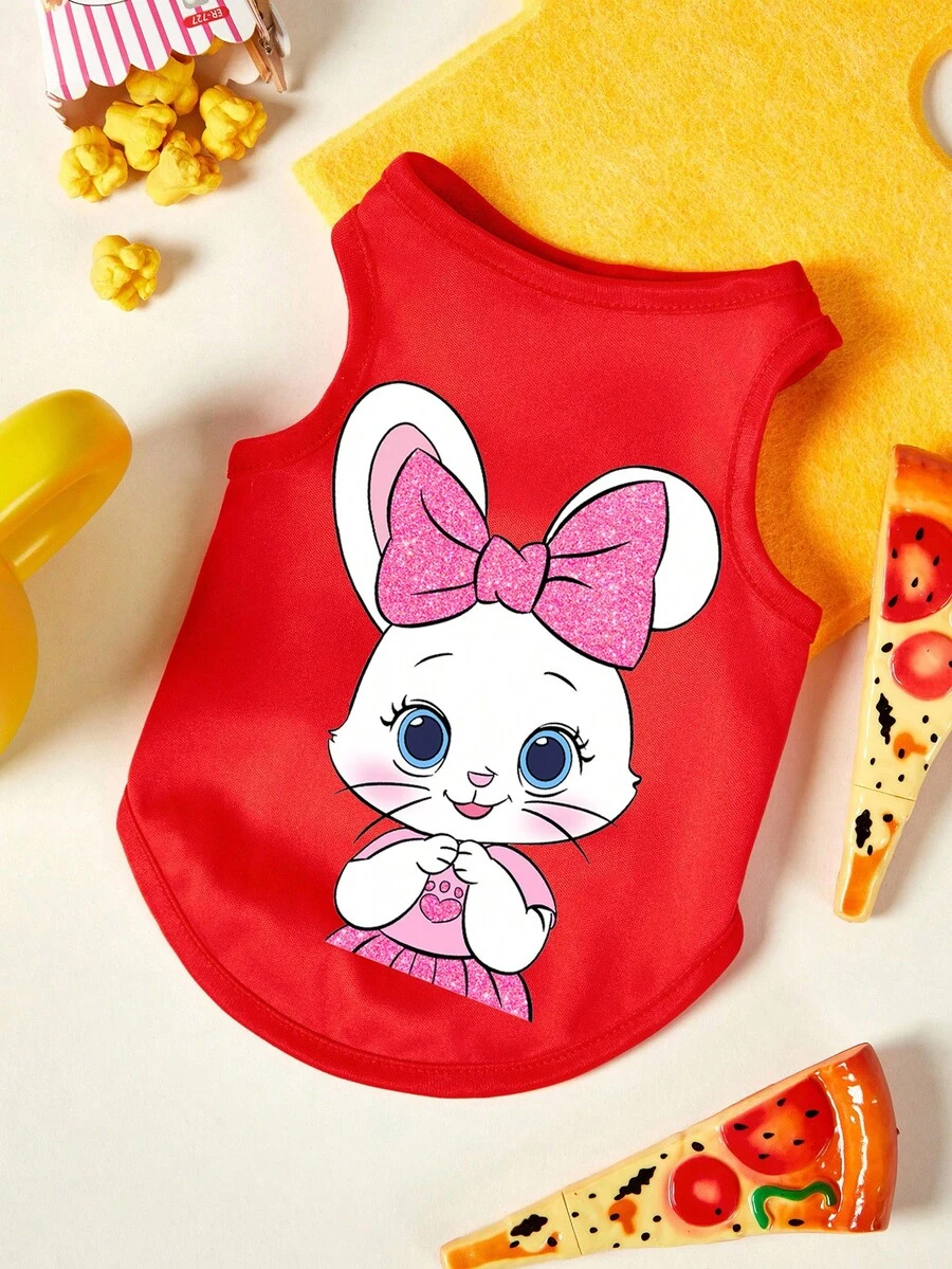 PETSIN 一件红色透气亲肤宠物背心，饰有蝴蝶结和淡粉色兔子图案 - 紅色 - 查看 1