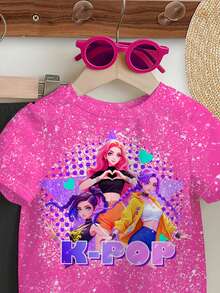 SHEIN 2件套少女休闲时尚彩色韩流女团字母星星印花圆领短袖T恤和喇叭裤，适合度假、派对、日常穿着、演唱会等场合。 - 彩色 - 查看 5