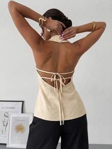 Firerie Áo kiểu dáng thanh lịch, năng động, cổ điển, hiện đại, không tay, cổ yếm, hở lưng, đính nơ, màu đen, phù hợp cho công sở, mùa xuân/hè. - Màu Khaki - Xem 4