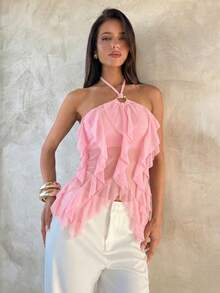 Aloruh 女士夏季新款荷叶边吊带背心，优雅多层荷叶边装饰挂脖系带修身吊带背心 - 黃色 - 查看 8