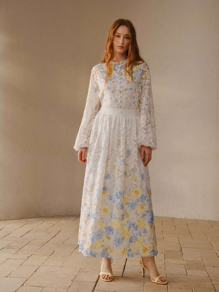 LACE FLORAL PRINT FLARE SKIRT