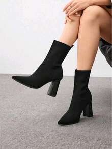 ISPORTE Elastic Booties For Women, With Thick Heel And Thin Toe, Made Of Elastic Fabric. Perfect For Valentine's Day, Graduations, End-Of-Year Parties, Vacations, Christmas And New Year's. - 黑色 - 查看 3