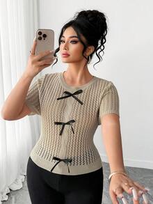 Elenzga Plus Size Khaki Round Neck Semi-Sheer Knit Top,Regular Sleeve Casual Style Knitwear Short Sleeve Black Summer Elegant Rib-Knit Tie Accents - Khaki - View 1