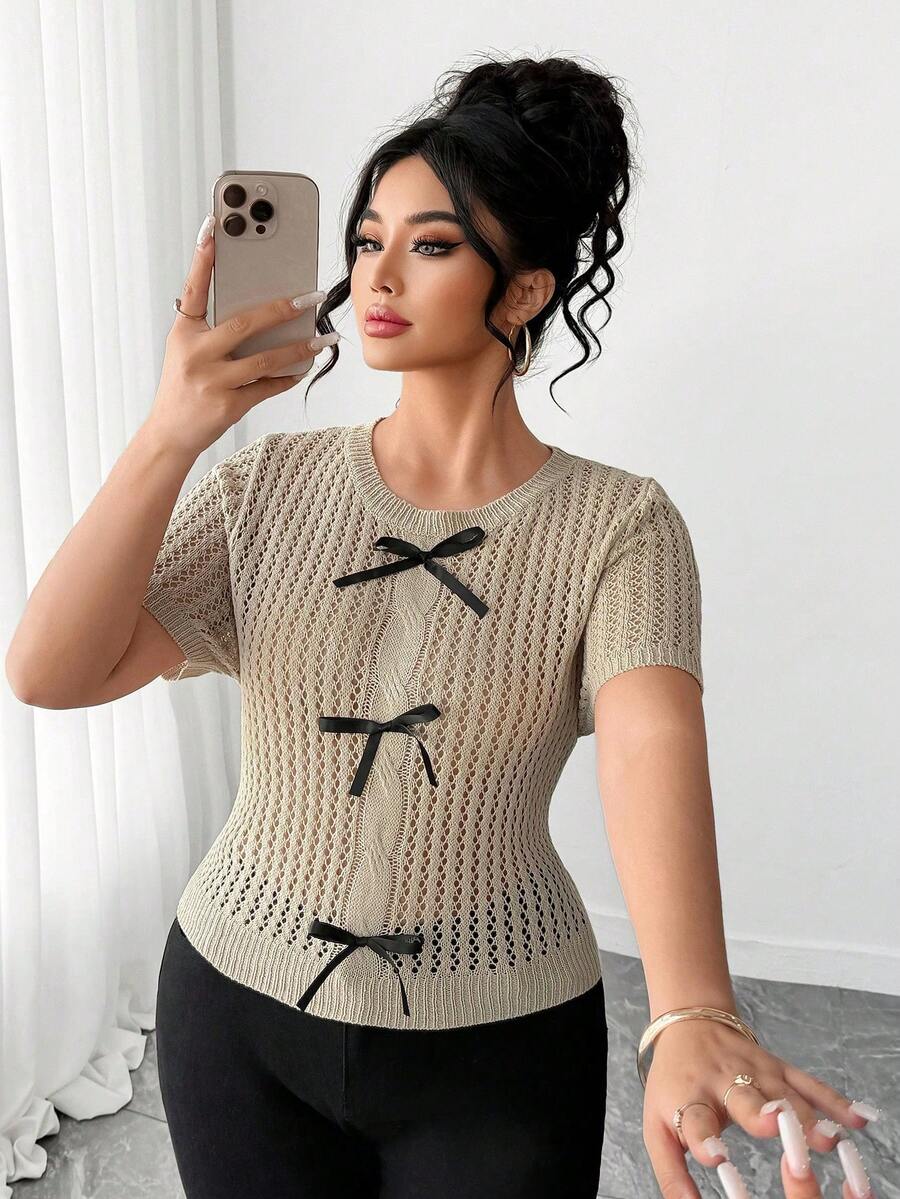 Elenzga Plus Size Khaki Round Neck Semi-Sheer Knit Top,Regular Sleeve Casual Style Knitwear Short Sleeve Black Summer Elegant Rib-Knit Tie Accents - Khaki - View 1