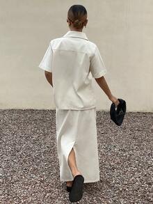 DAZY Women's Casual Pocket Shirt Collar Straight Skirt Denim 2-Piece Set, Spring/Summer - Beige - View 2