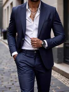 Manfinity Bizformal Men's Solid Color Lapel NeckLong Sleeve Suit Jacket And Pants Business Formal Suit Set - Navy Blue - View 1
